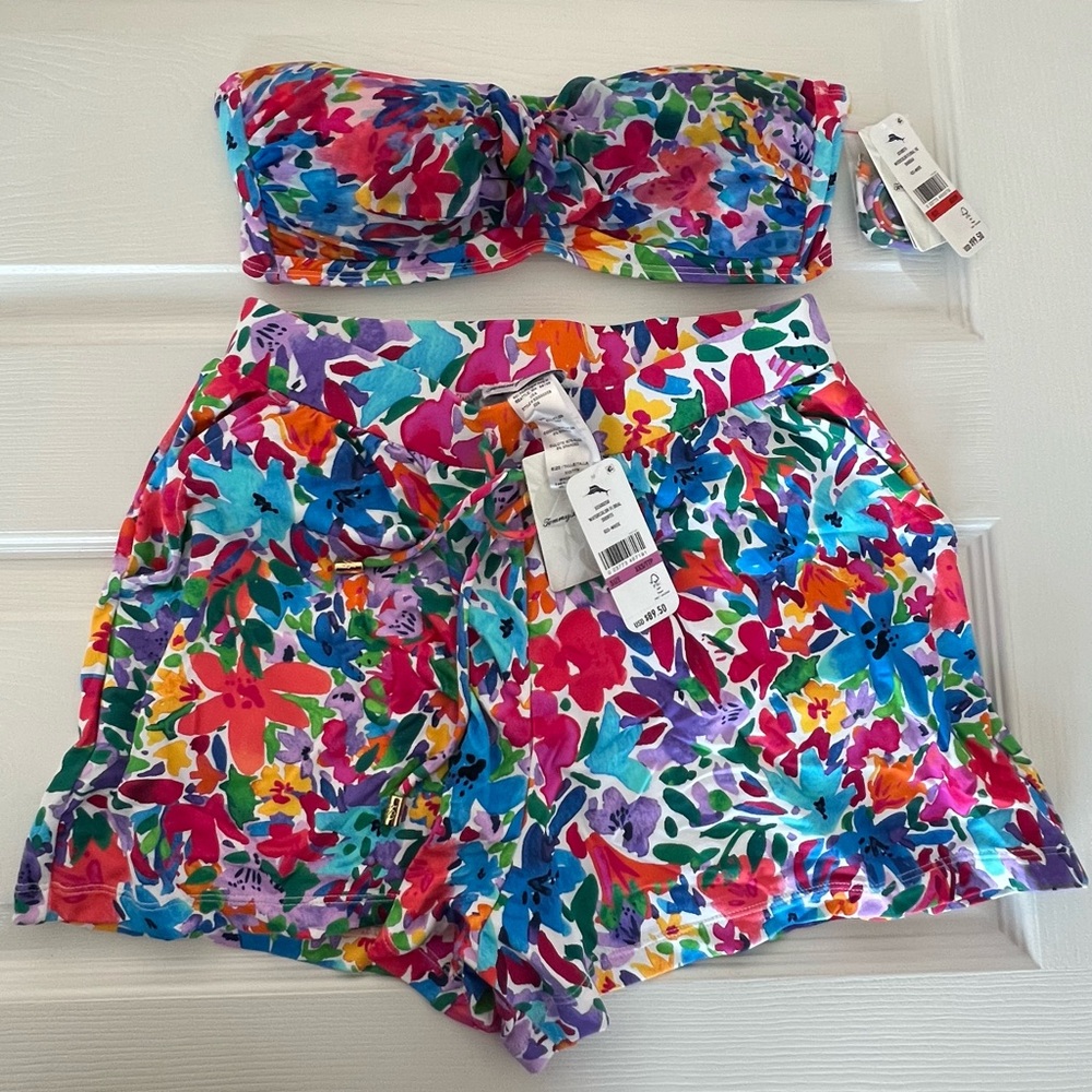 Tommy Bahama Bandeau swim top (xs)
and matching  cover up shorts (xxs)